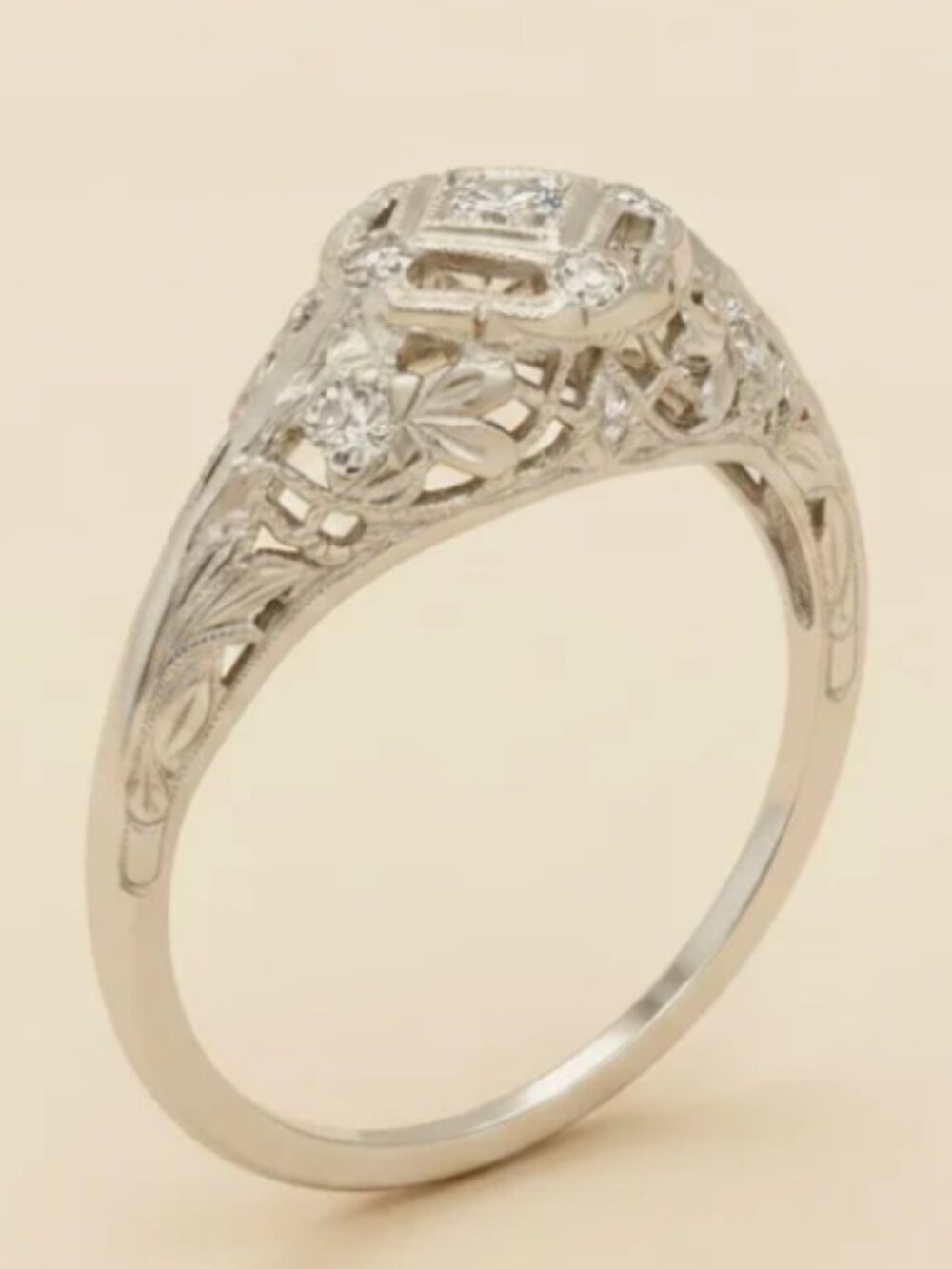 10K White Gold Art Deco Repro. Filigree Diamond Bridal Engagement Ring